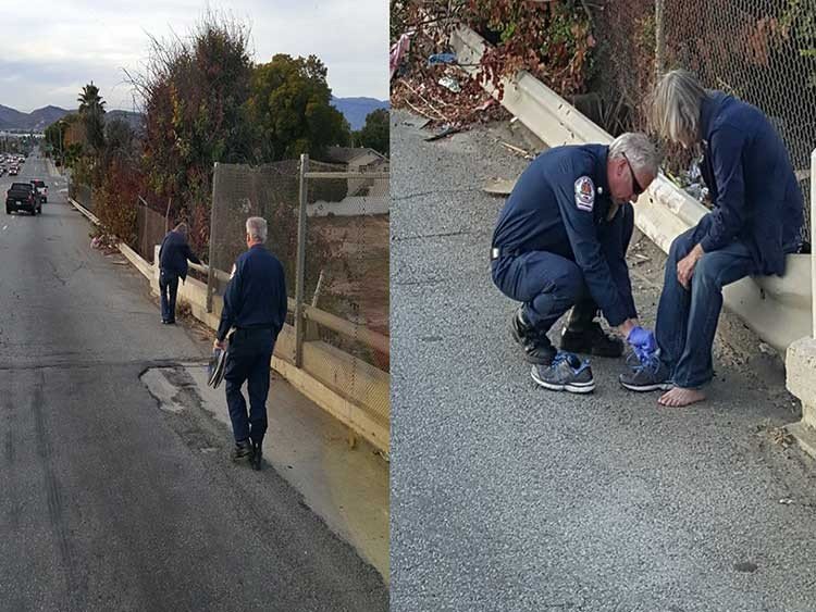 Bomberos paran autobomba para dar zapatos a indigente